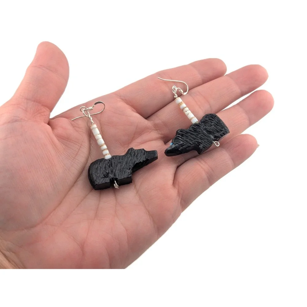 Exquisite Mike Tucson Zuni Bear Fetish Necklace Earrings Set Sterling Silver Jet